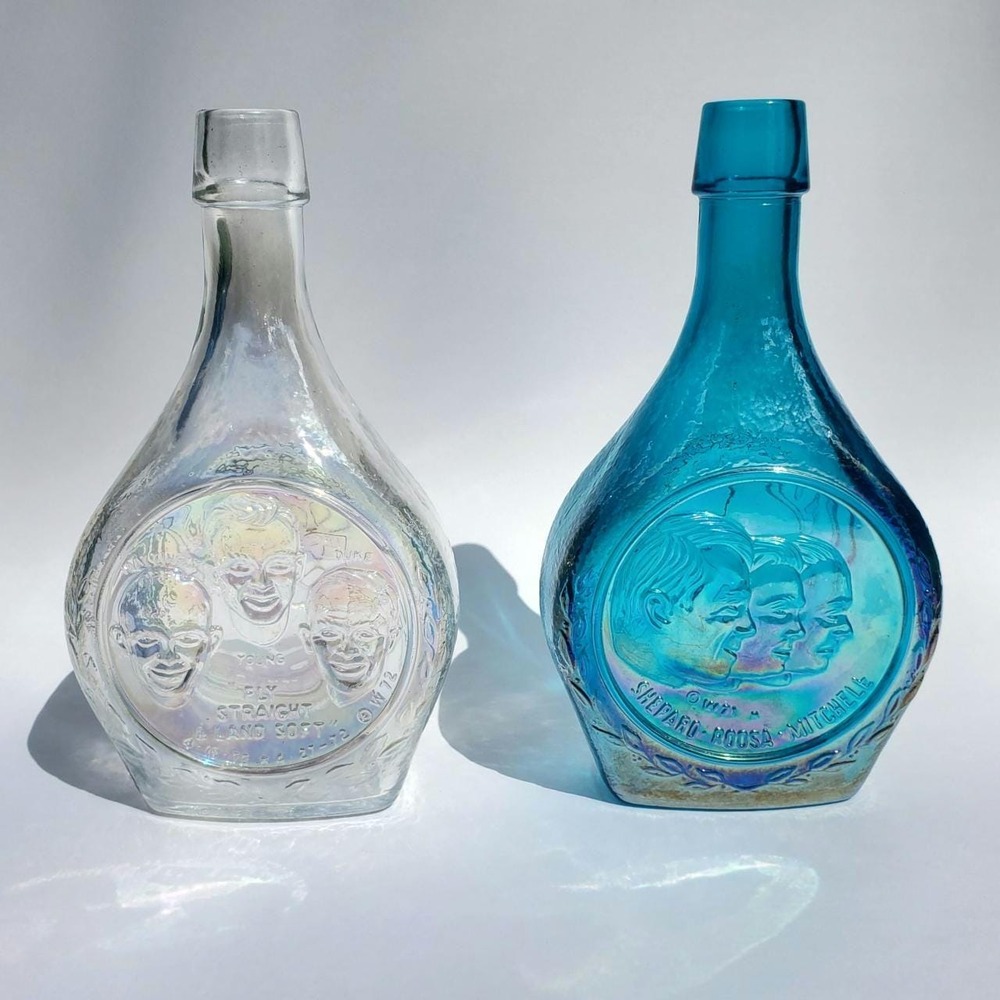 1971 Wheaton Apollo 14 Commemorative Bottle Pair Iridescent Carnival Glass Set